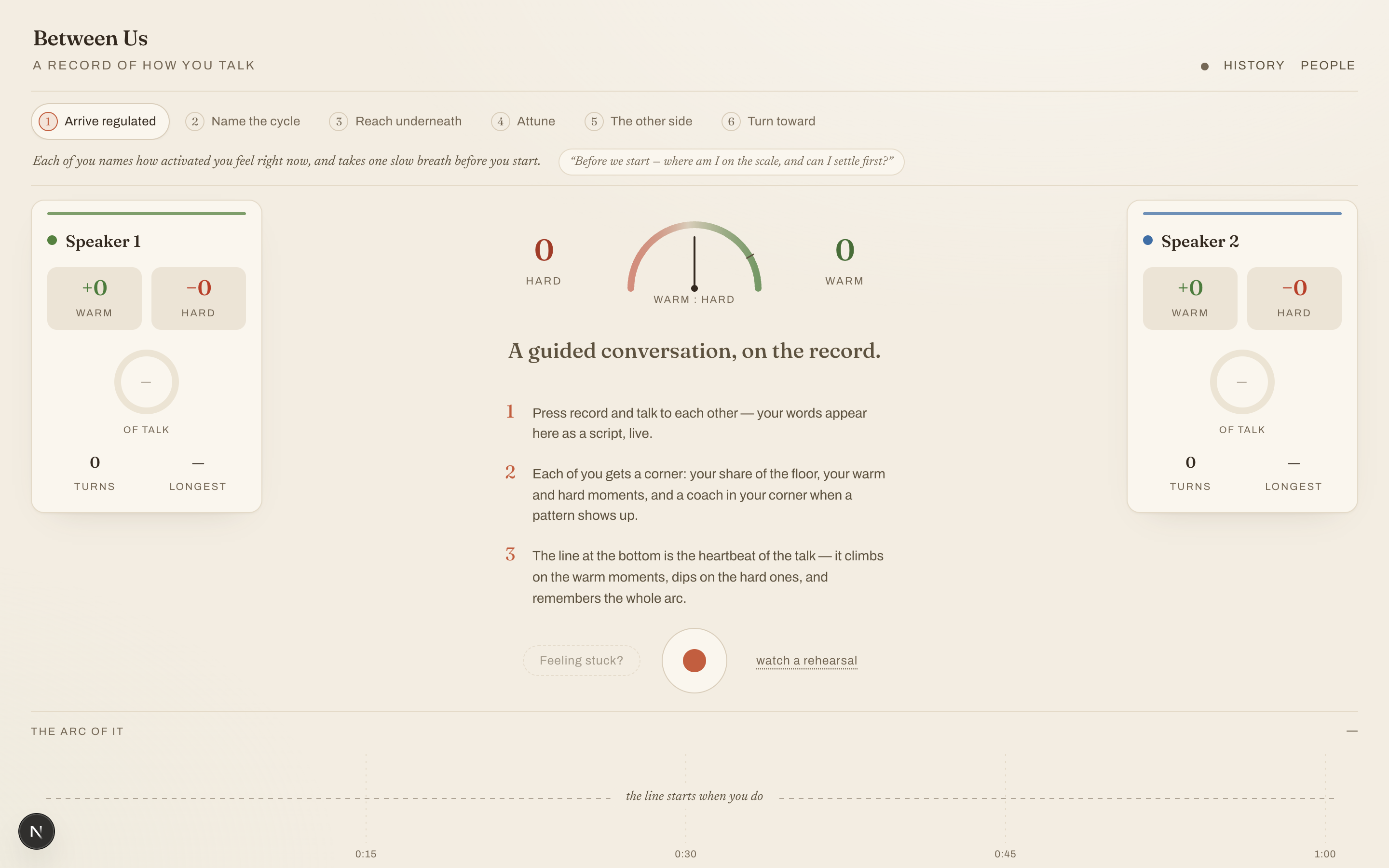 Between Us: a live warm-to-hard conversation scoreboard for two speakers