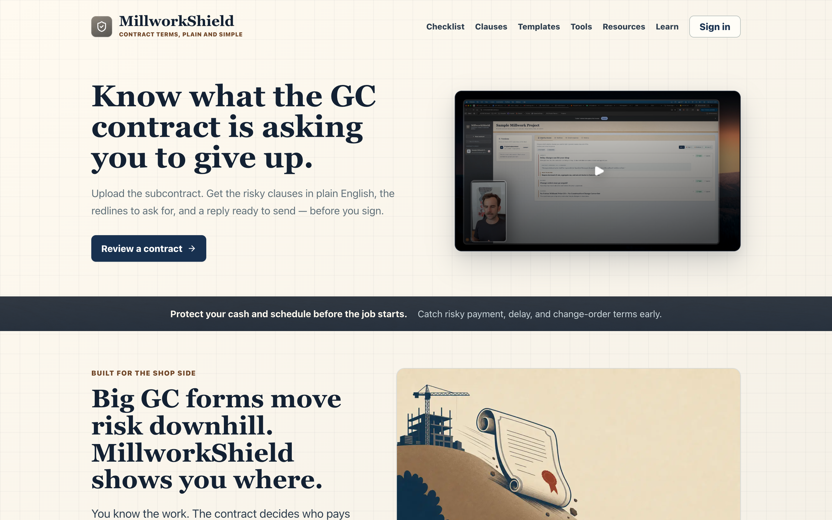 MillworkShield landing page: know what the GC contract is asking you to give up