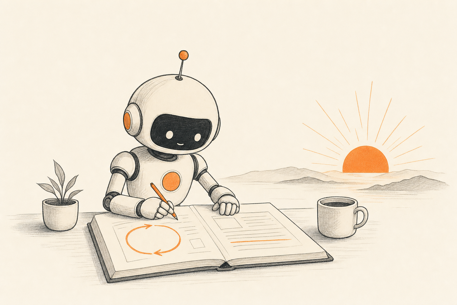 A small robot editing its own notebook at sunrise, a self-improvement loop